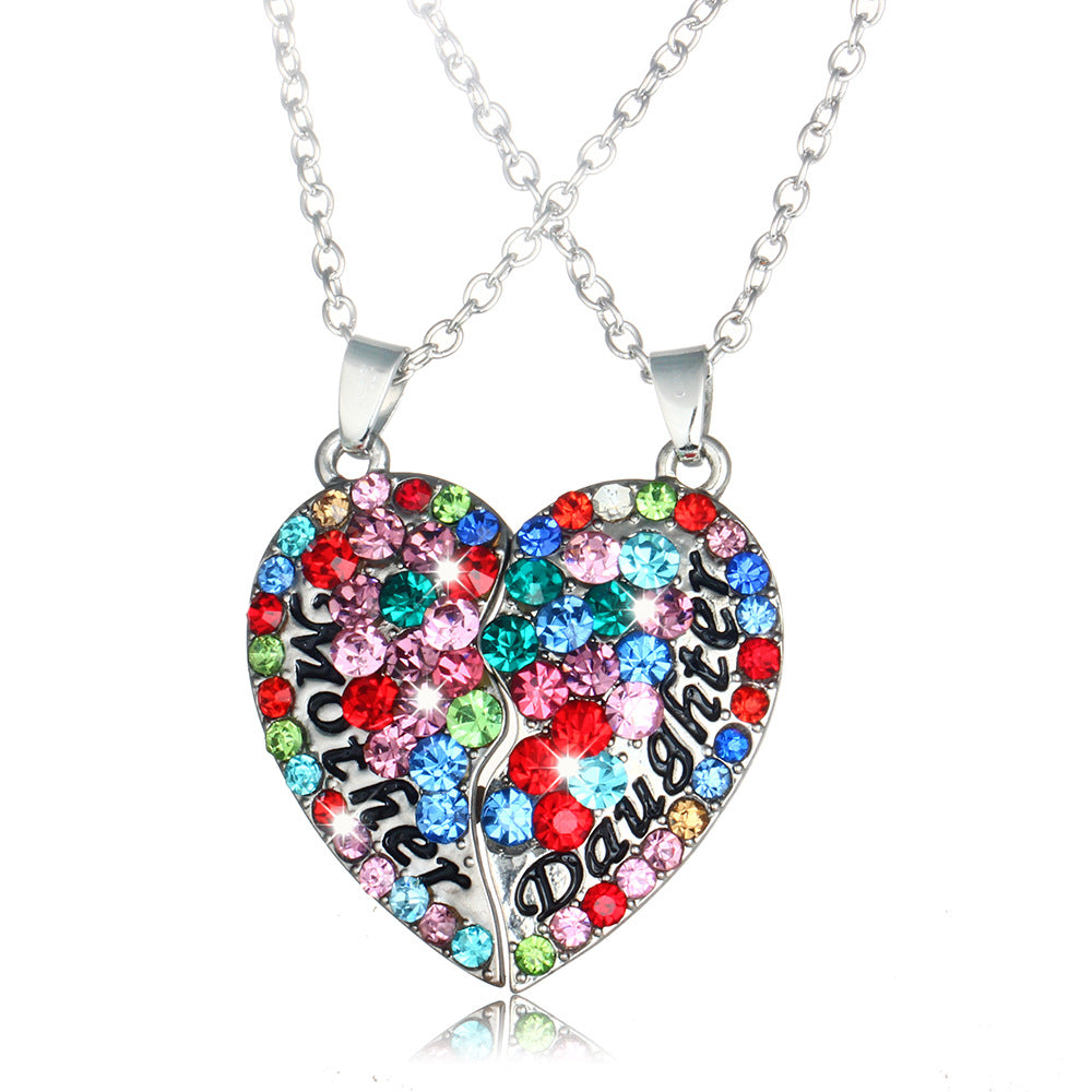 Wholesale Mother's Day Parent-child Style Mother and Daughter Heart-shaped Diamond Patchwork Pendant Alloy Necklace